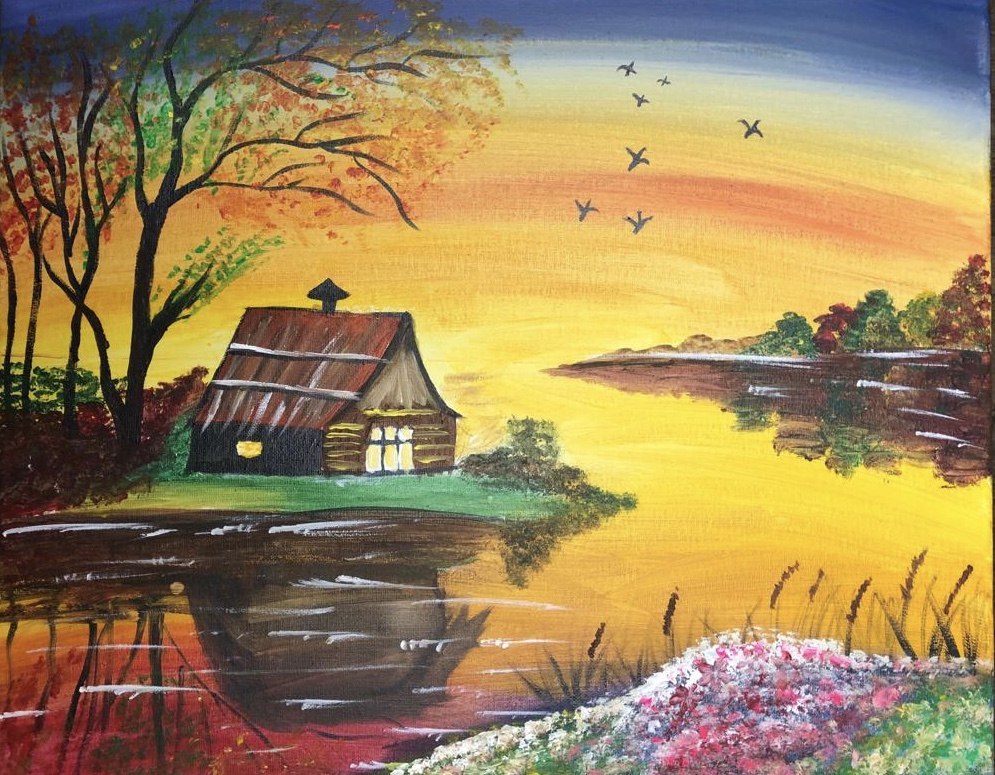 Original painting by Nargis: an autumn cabin by a lake at sunset