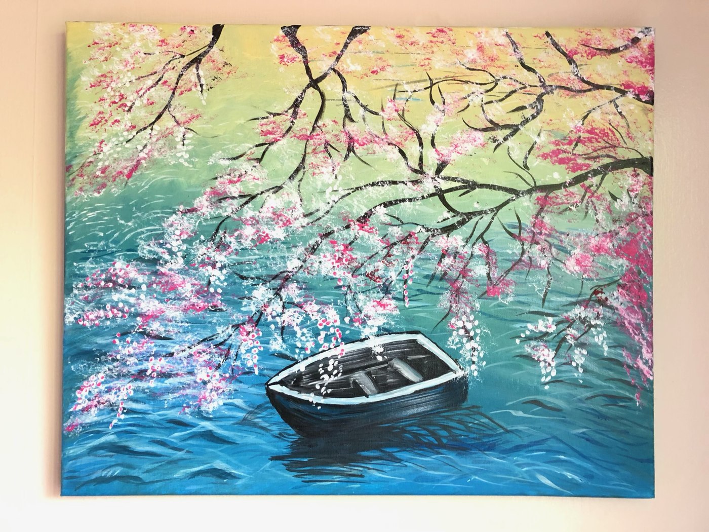 Original painting by Nargis: a rowboat beneath cherry blossom branches over water