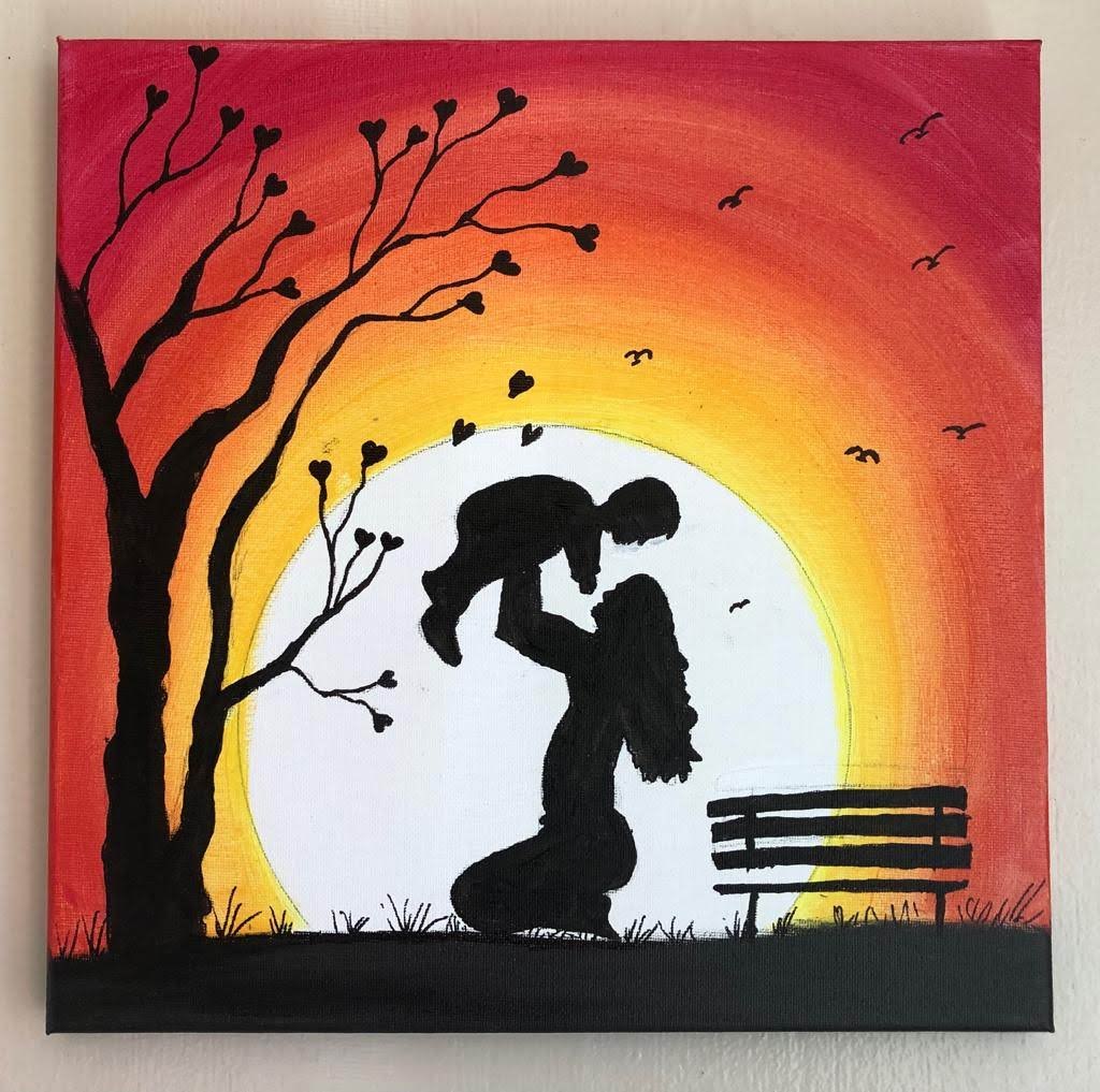 Original painting by Nargis: a silhouette of a mother lifting her child at sunset