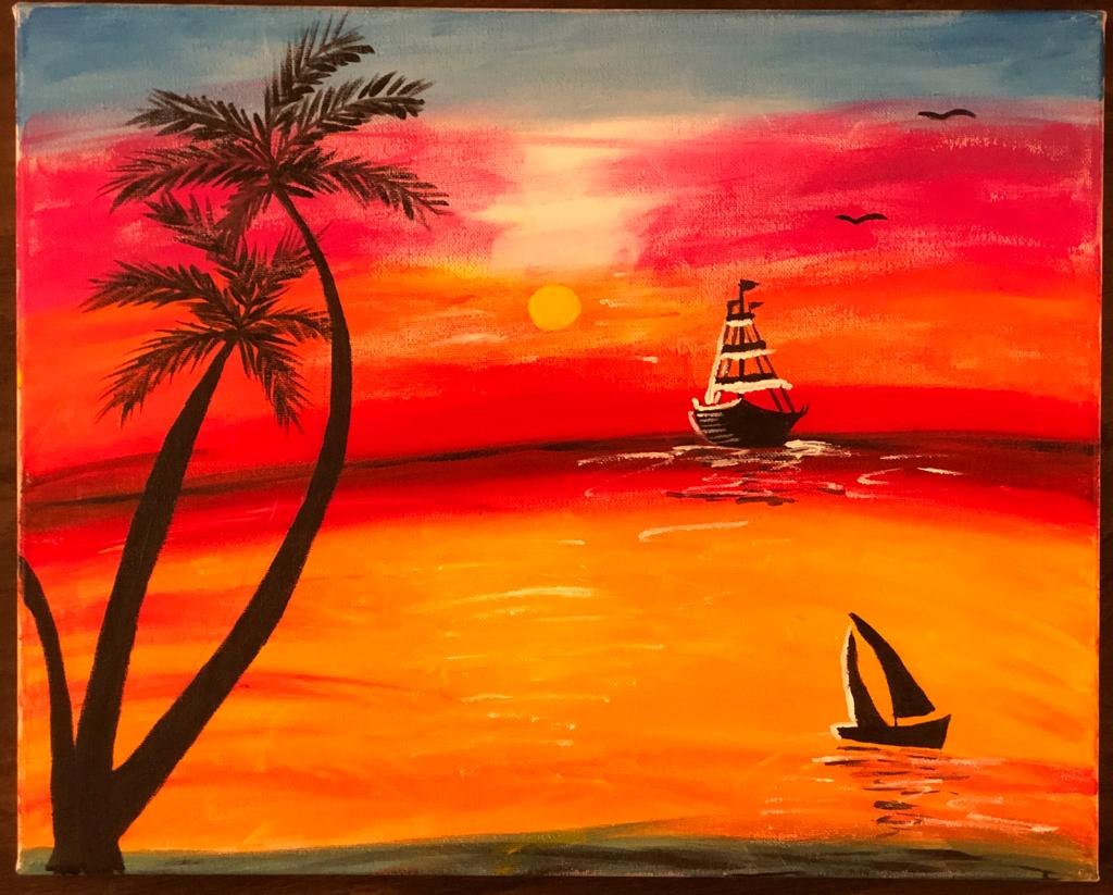 Original painting by Nargis: palm trees and sailboats at sunset